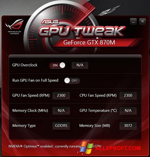 Ekran görüntüsü ASUS GPU Tweak Windows XP