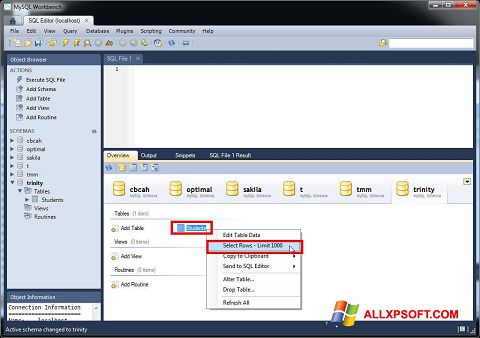 Ekran görüntüsü MySQL Workbench Windows XP