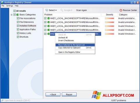 Ekran görüntüsü Auslogics Registry Cleaner Windows XP